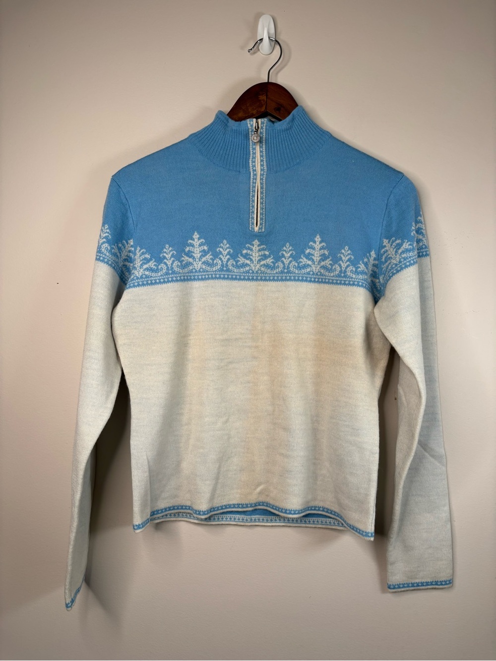 Vintage 100% Merino Wool 1/4 Zip Knit Sweater Blue White Nordic Pattern Medium